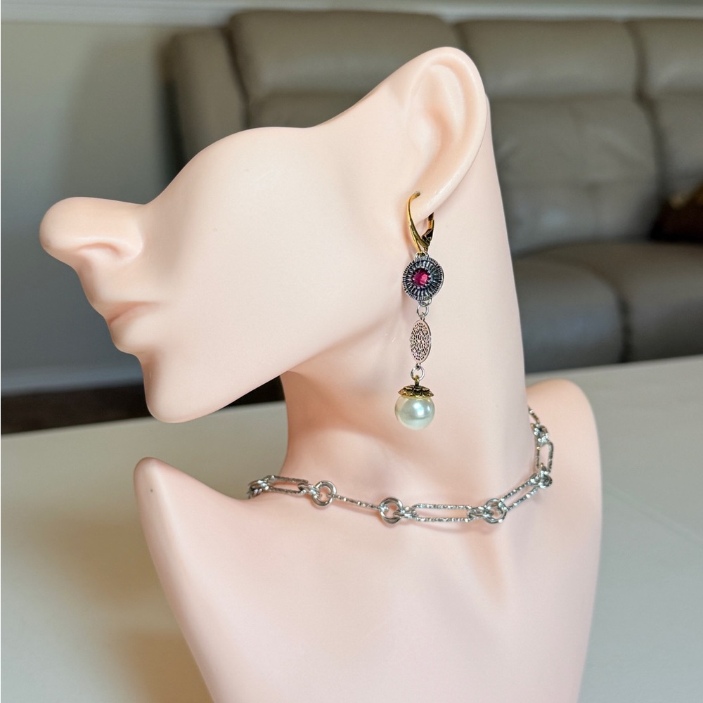 Pearl Drop Dangle Earrings with Pink Crystal Accent - Picture 4 of 9